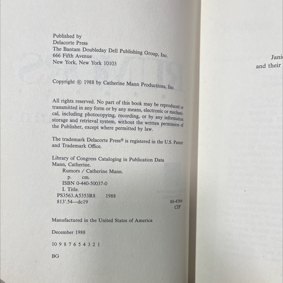 rumors book, by Catherine Mann, 1988 Hardcover image 3