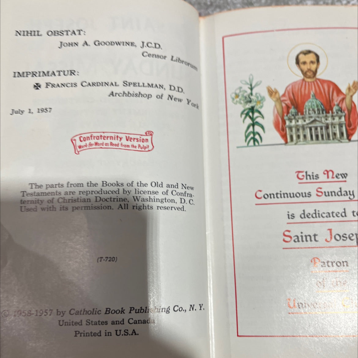 saint joseph continuous sunday missal book, by rev. hugo hoever, s.o.cist., ph.d., 1957 Leather image 3