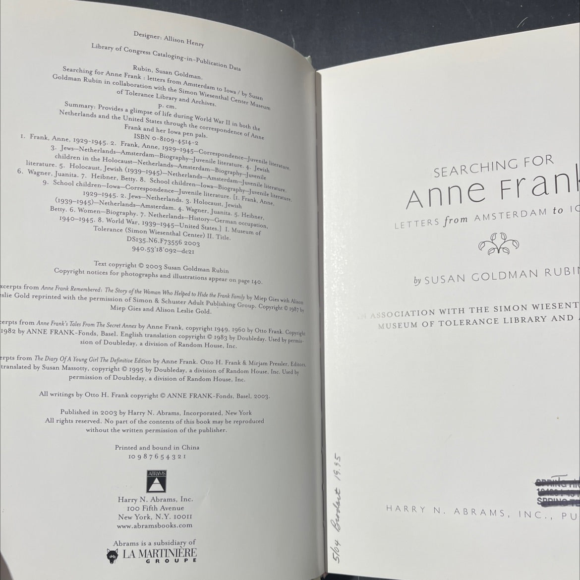searching for anne frank: letters from amsterdam to iowa book, by susan goldman rubin, 2003 Hardcover image 3