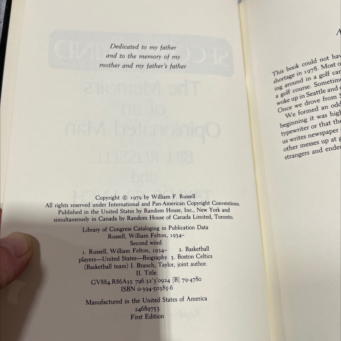 second wind the memoirs of an opinionated man book, by bill russell and taylor branch, 1979 Hardcover image 3