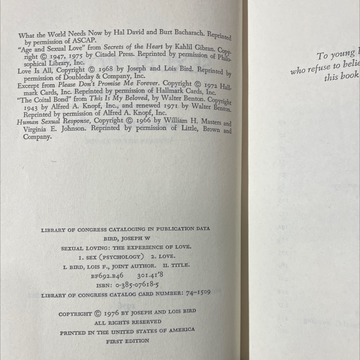 sexual loving: the experience of love book, by Joseph and Lois Bird, 1976 Hardcover image 3