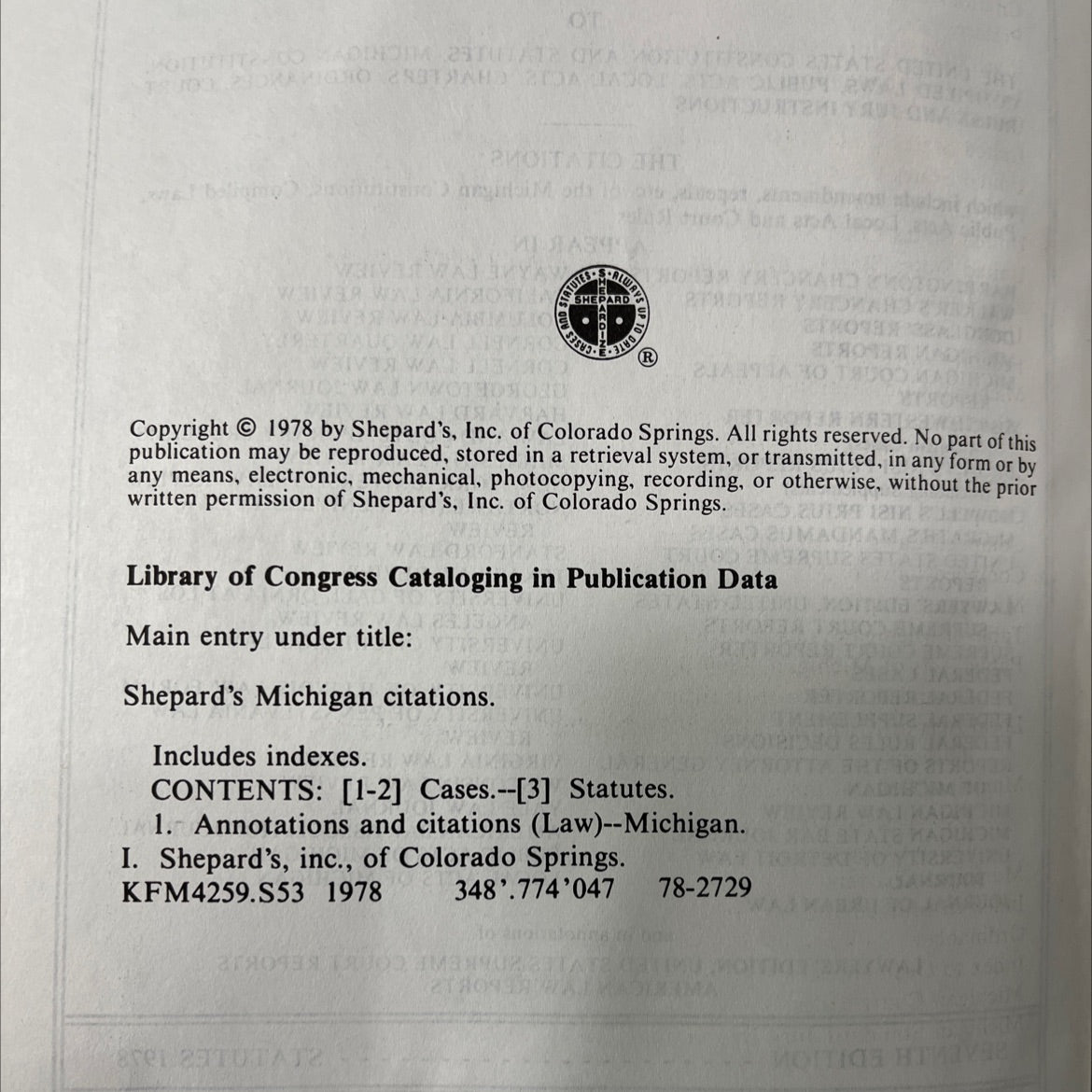 shepard's michigan citations statutes book, by shepard's, inc., 1978 Hardcover image 3