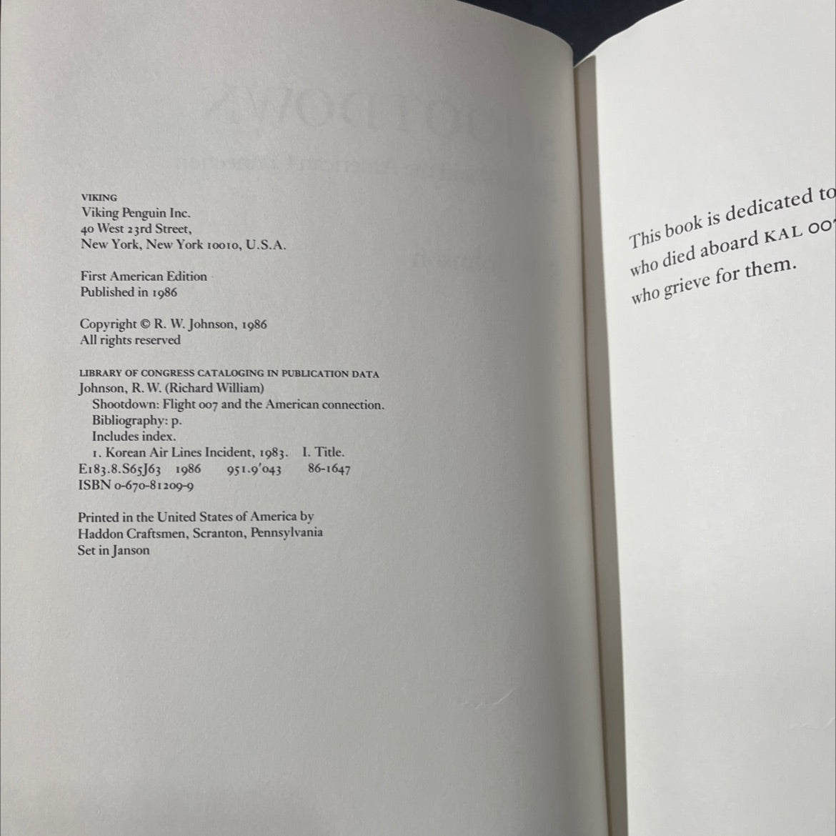 shootdown flight 007 and the american connection book, by R. W. Johnson, 1986 Hardcover image 3