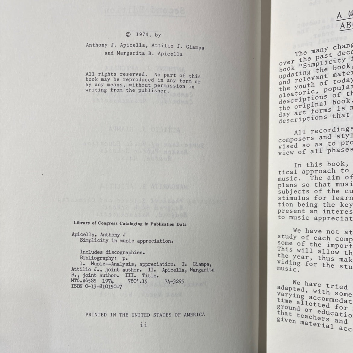 simplicity in music appreciation book, by anthony j. apicella, attilio j. giampa, margarita b. apicella, 1974 Hardcover image 3