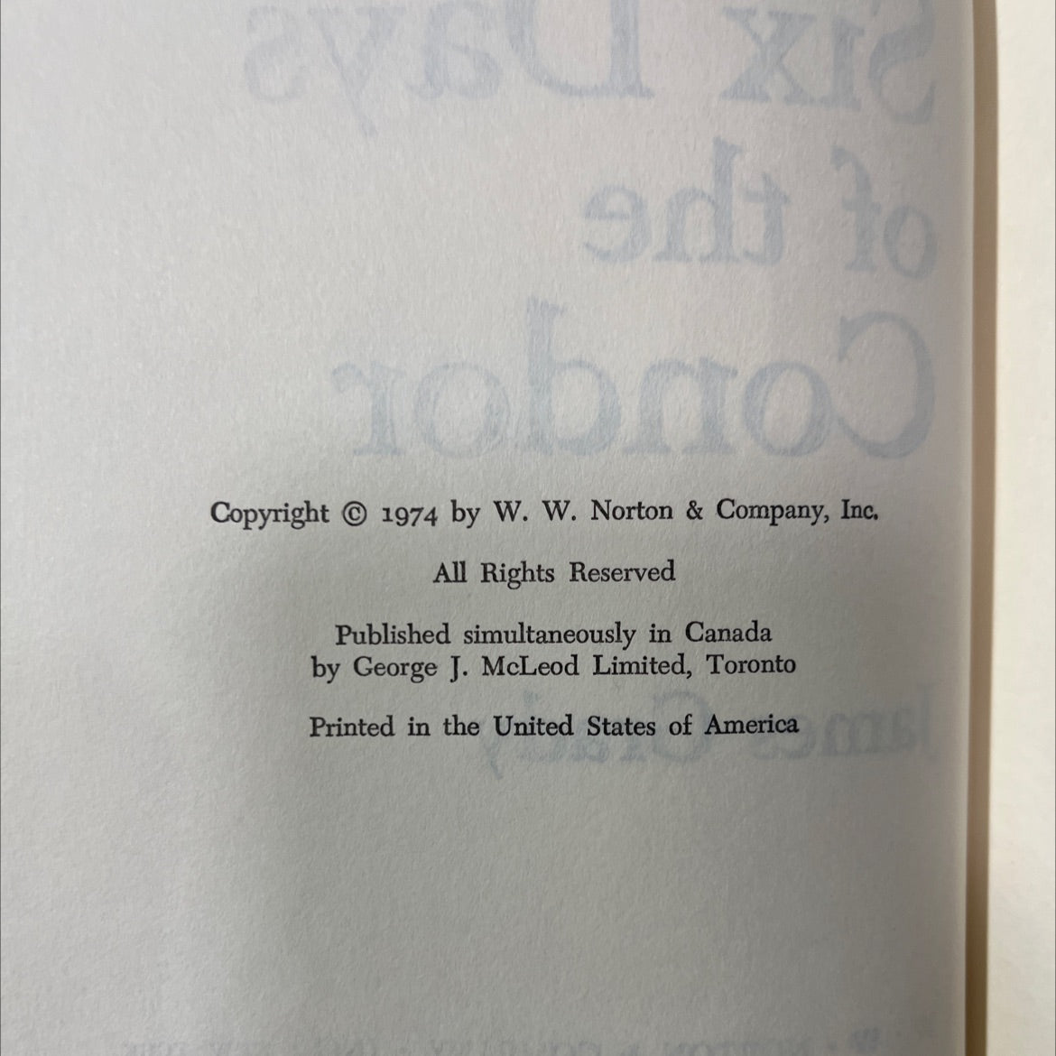six days of the condor book, by james grady, 1974 Hardcover image 3