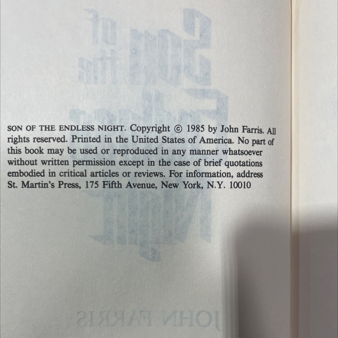 son of the endless night book, by john farris, 1985 Hardcover image 3