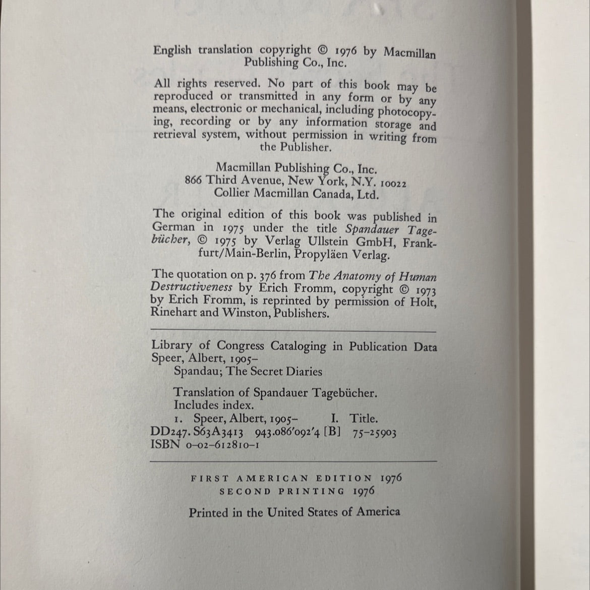 spandau; the secret diaries book, by albert speer, 1976 Hardcover image 3