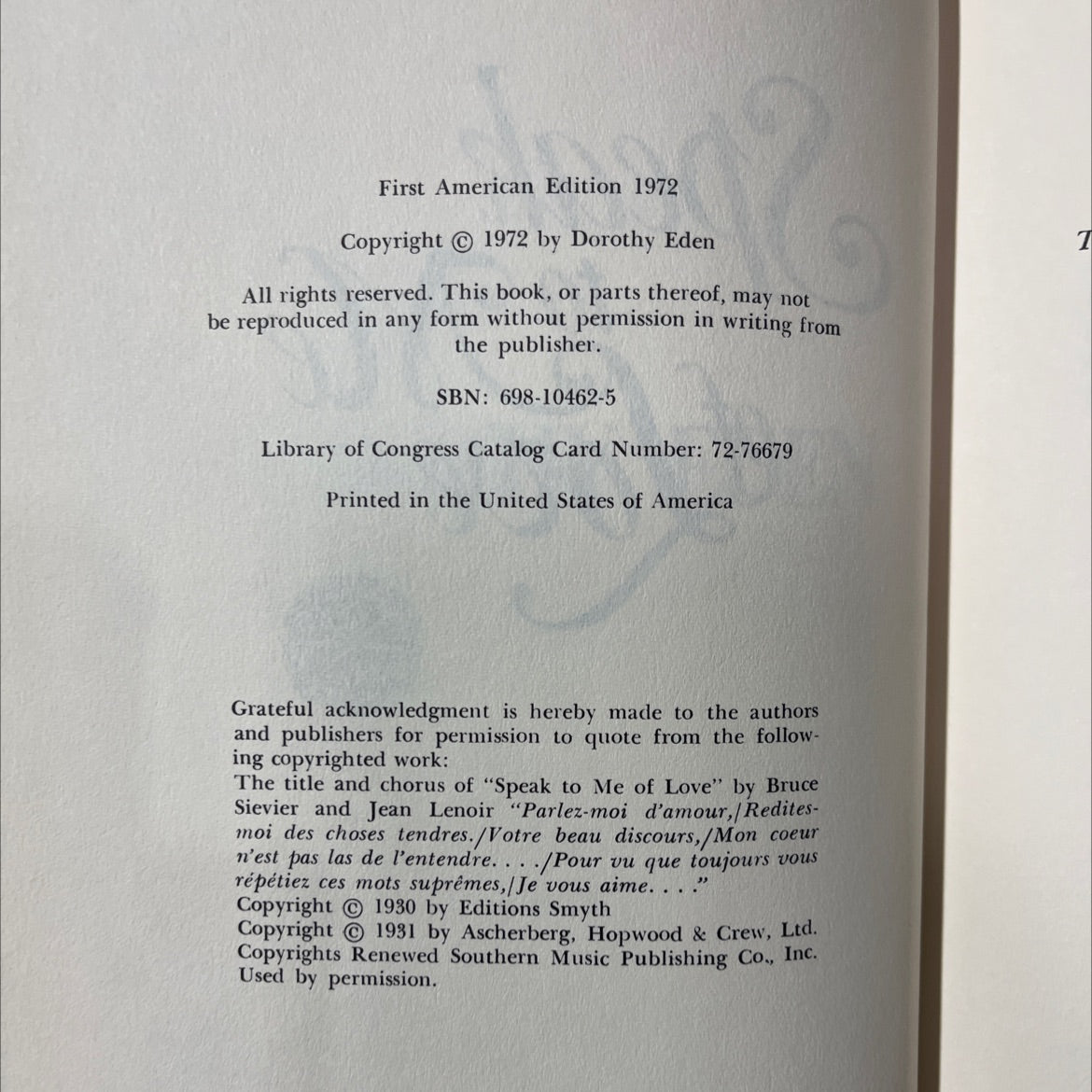 speak of me of love book, by dorothy eden, 1972 Hardcover image 3