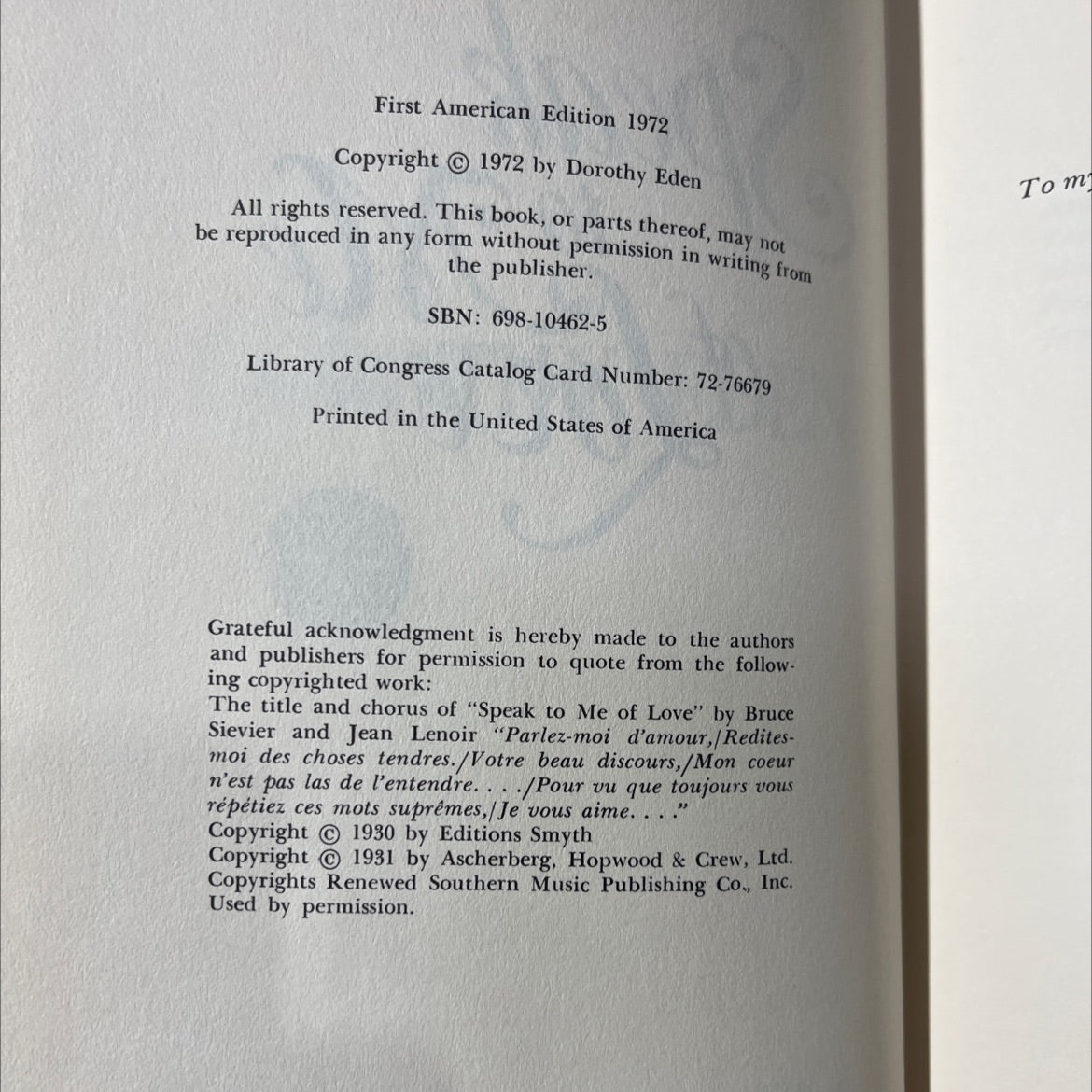 speak to me of love book, by dorothy eden, 1972 Hardcover image 3