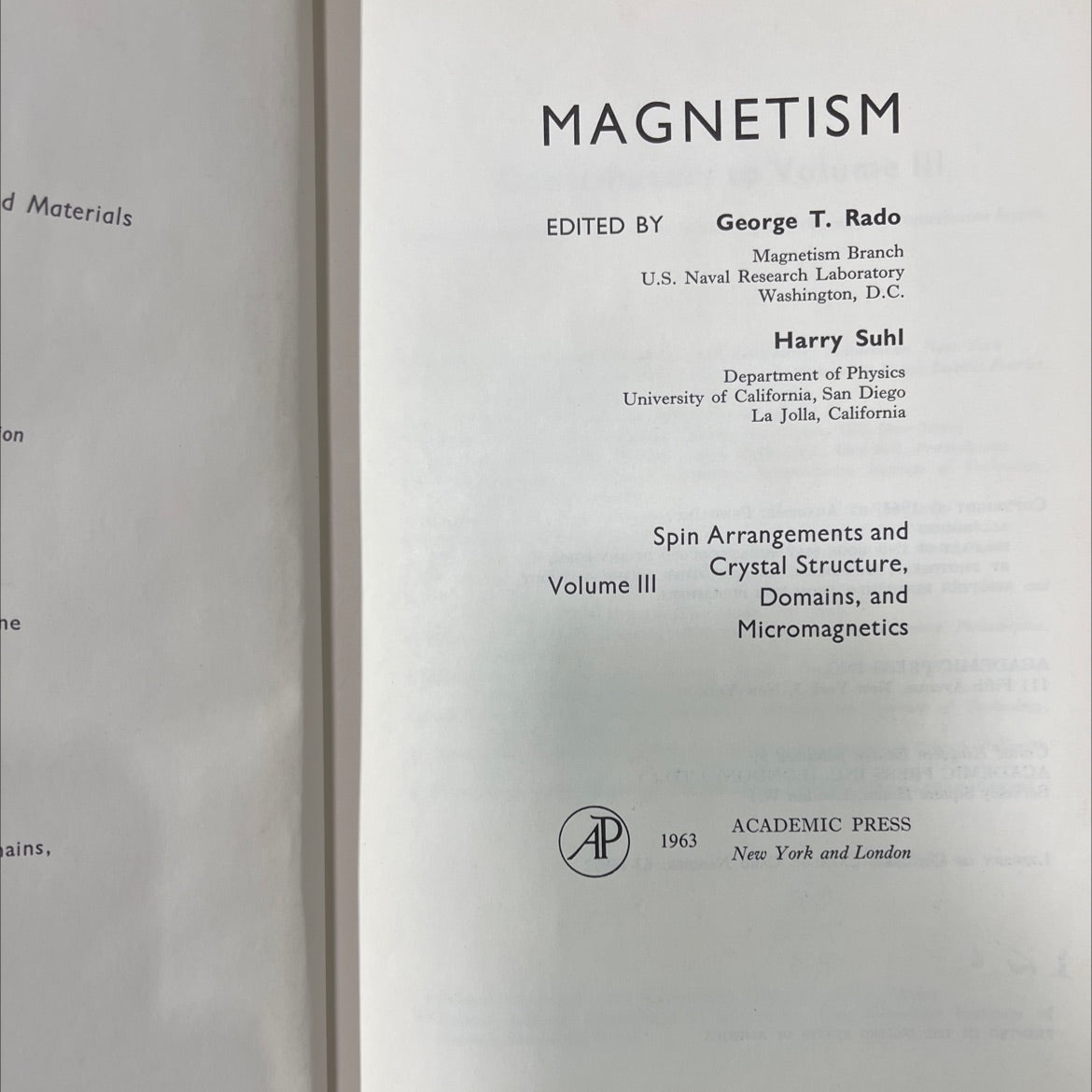spin arrangements and crystal structure, domains, and micromagnetics book, by George T. Rado, Harry Suhl, 1963 Hardcover image 2