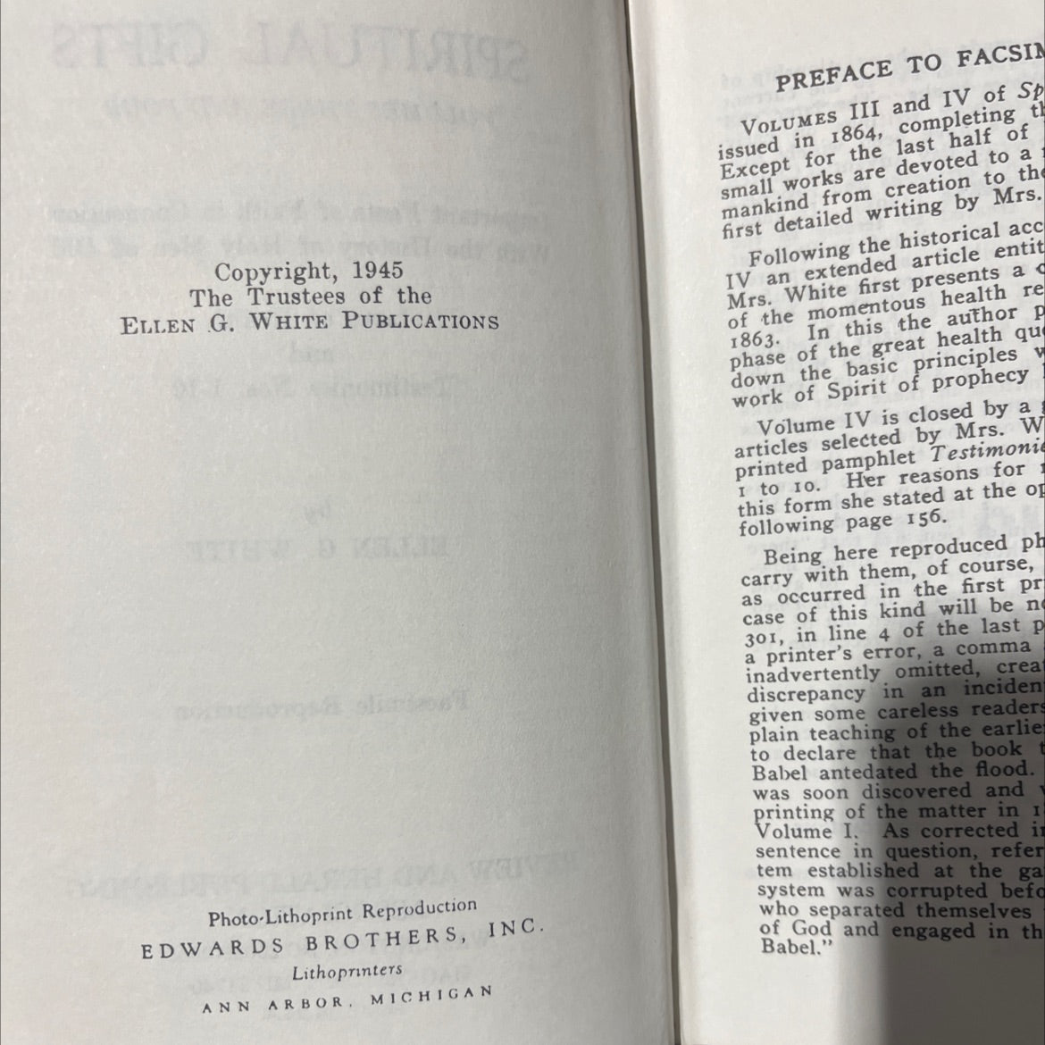 spiritual gifts volumes three and four book, by ellen g. white, 1945 Hardcover image 3