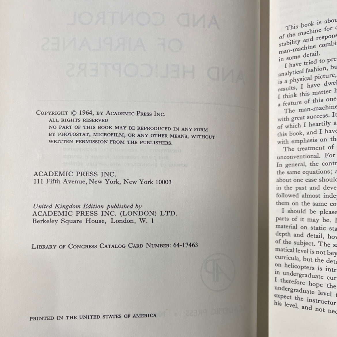 stability and control of airplanes and helicopters book, by Edward Seckel, 1964 Hardcover image 3