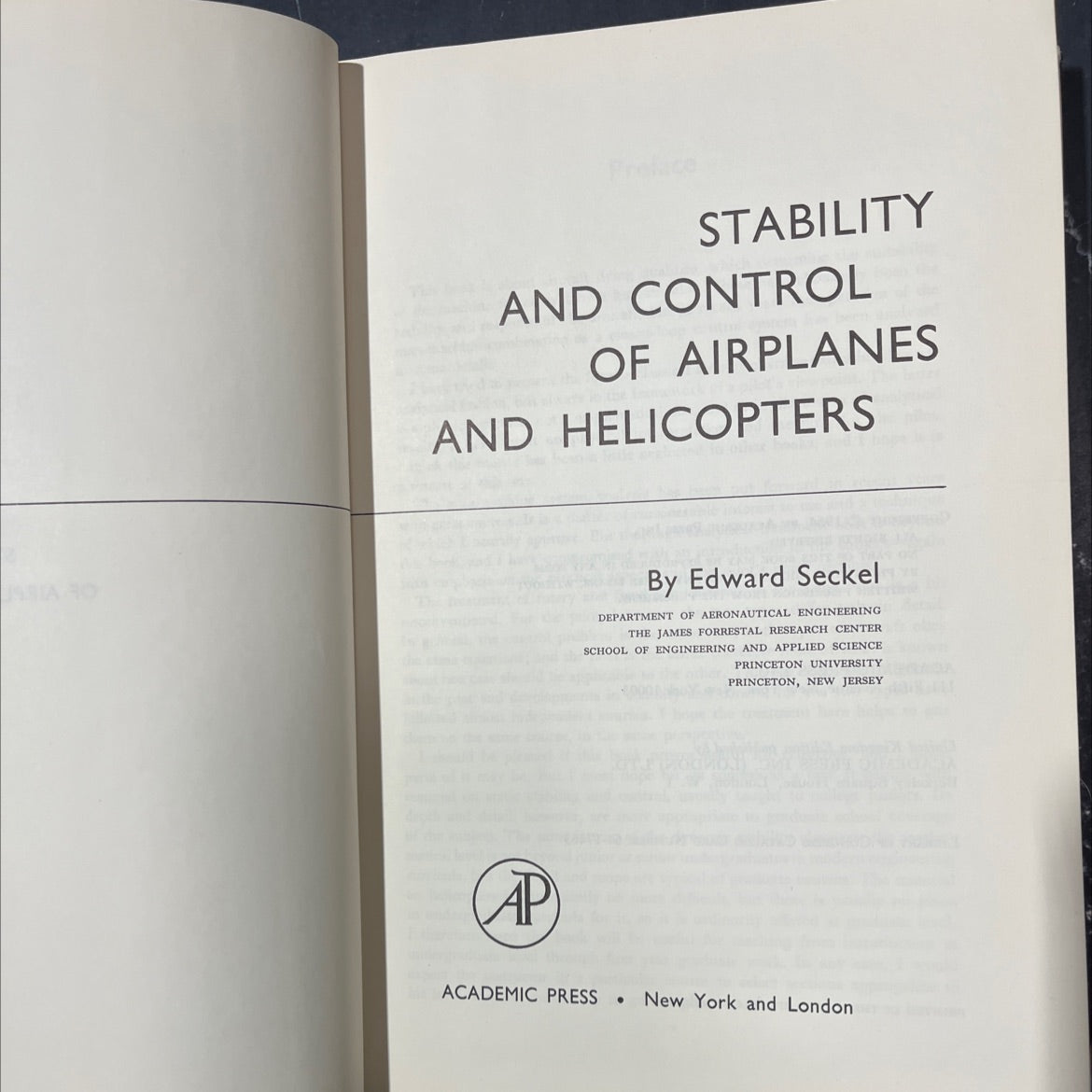 stability and control of airplanes and helicopters book, by Edward Seckel, 1964 Hardcover image 2