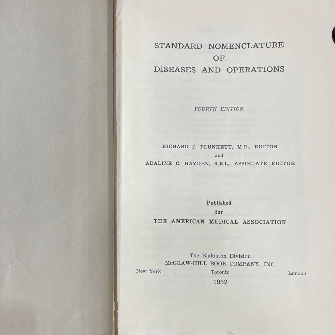 standard nomenclature of diseases and operations book, by richard j. plunkett, m.d., adaline c. hayden, r.r.l., 1952 image 2