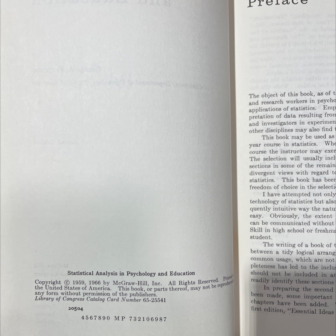 statistical analysis in psychology and education book, by george a. ferguson, 1966 Hardcover image 3