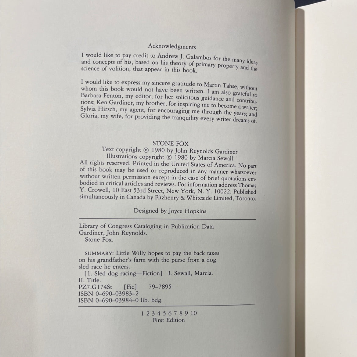stone fox book, by John Reynolds Gardiner, 1980 Hardcover image 3