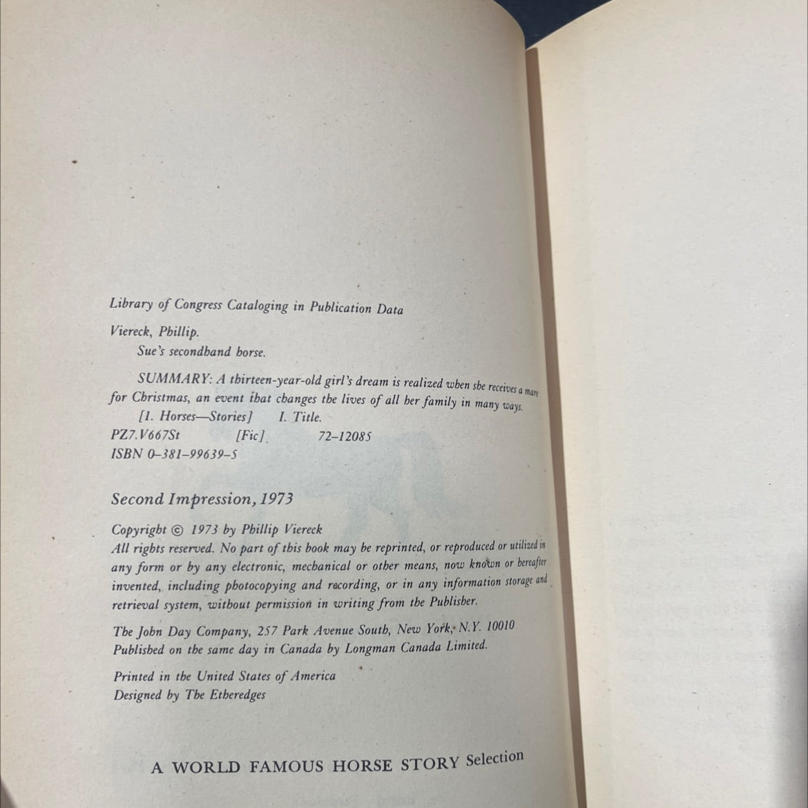 sue's secondhand horse book, by Phillip Viereck, 1973 Hardcover image 3