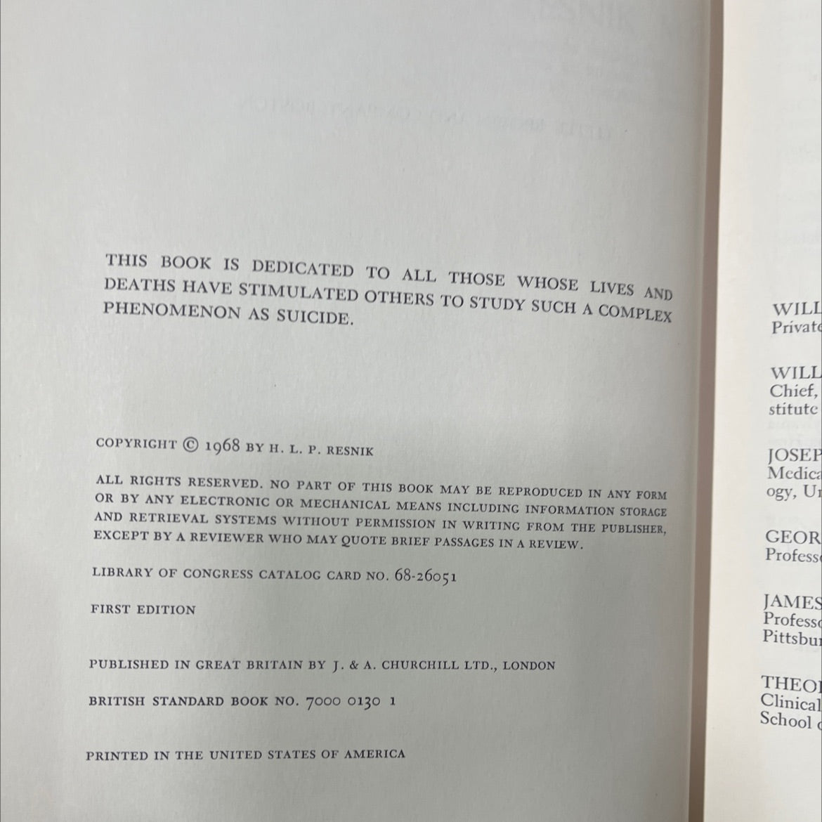 suicidal behaviors diagnosis and management book, by H.L.P. Resnik, 1968 Hardcover image 3