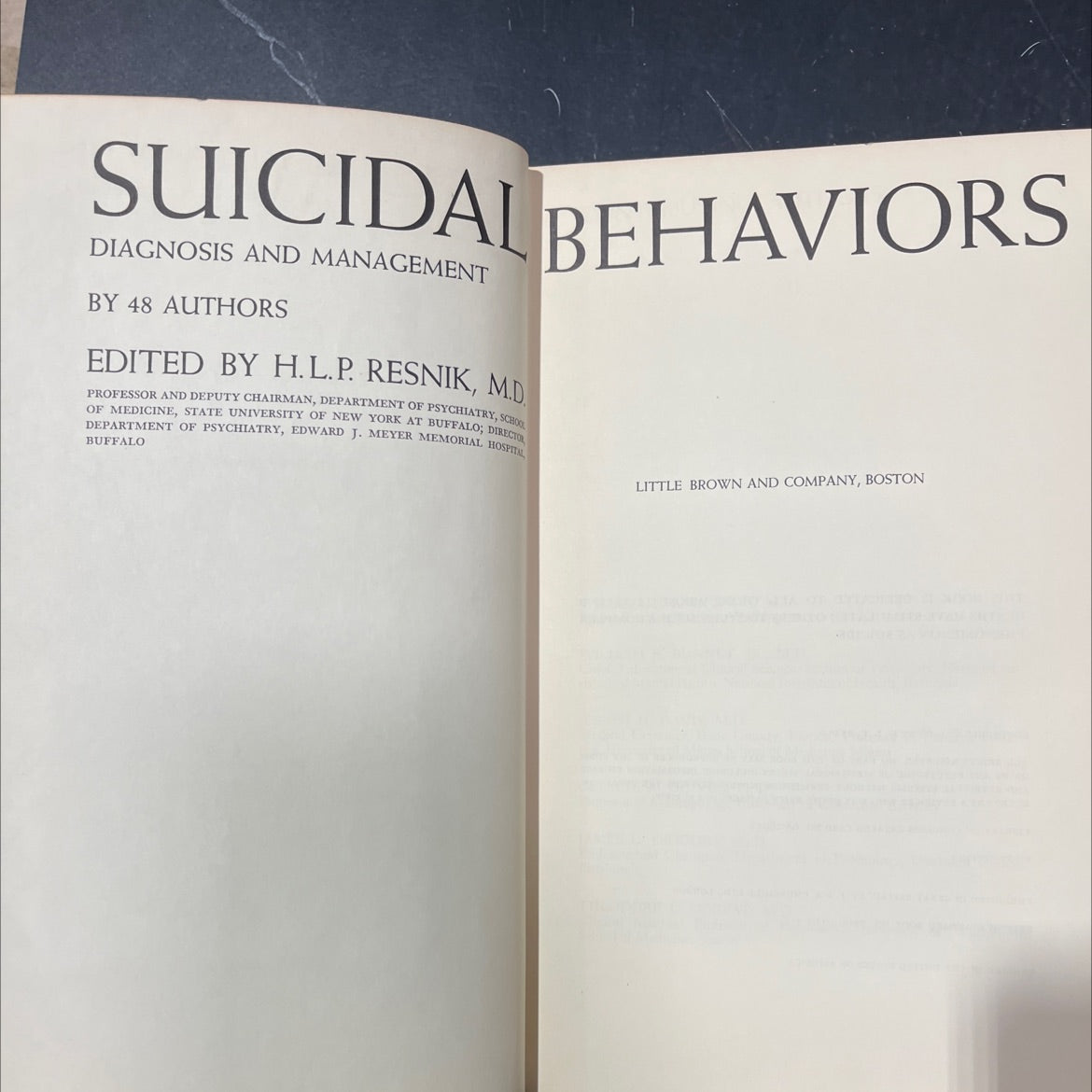 suicidal behaviors diagnosis and management book, by H.L.P. Resnik, 1968 Hardcover image 2