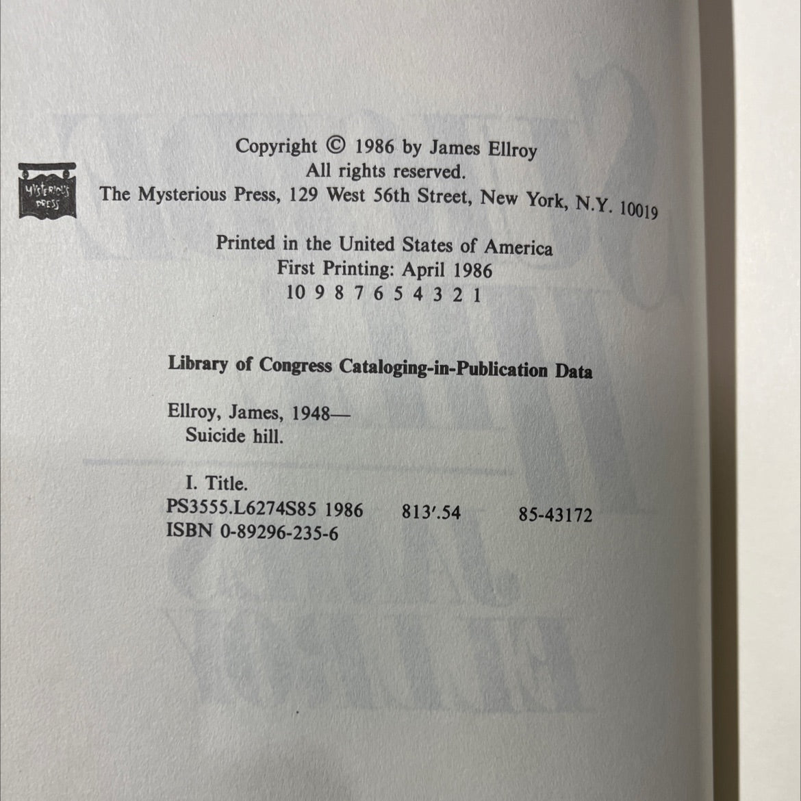 suicide hill book, by james ellroy, 1986 Hardcover image 3