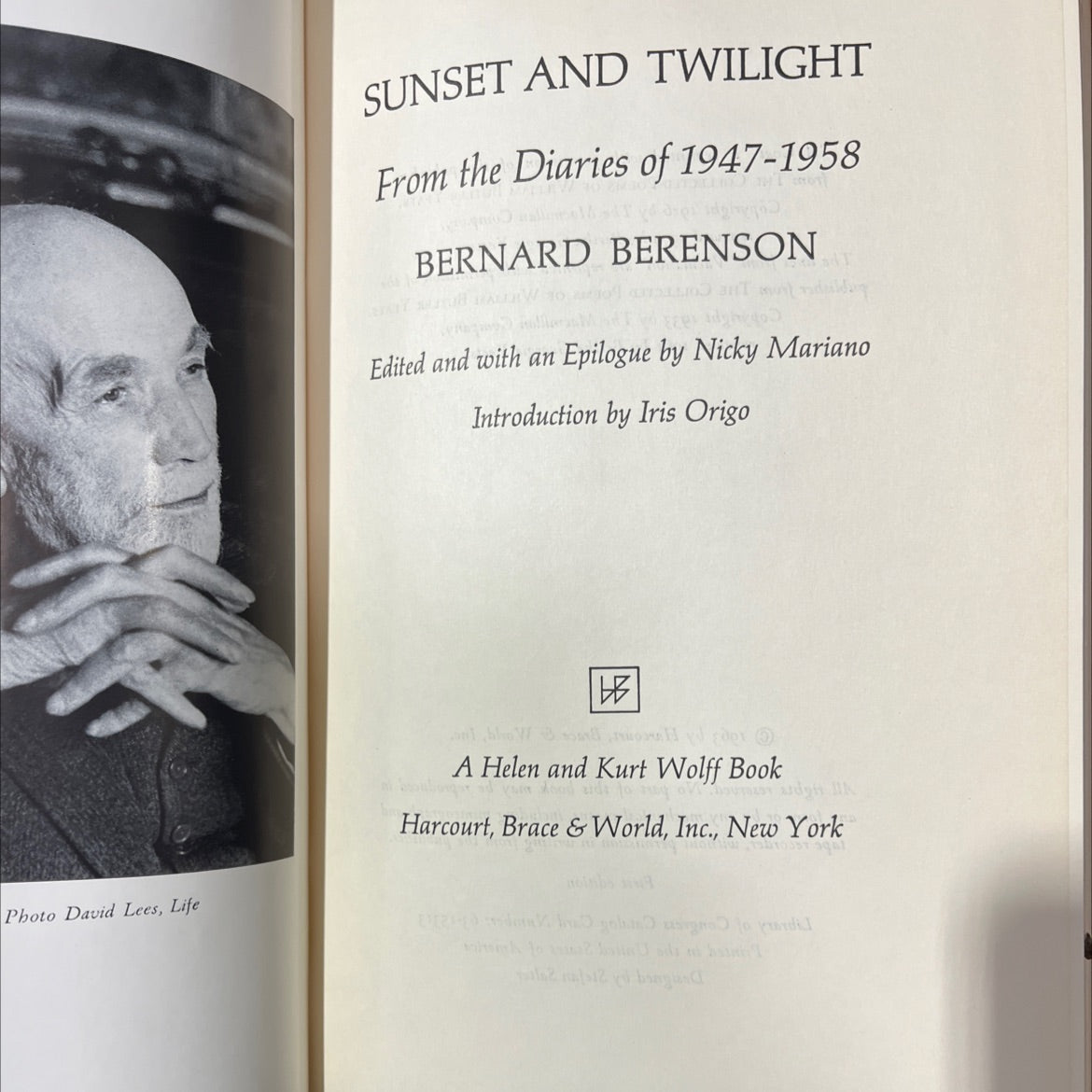 sunset and twilight from the diaries of 1947-1958 book, by bernard berenson, 1963 Hardcover image 2