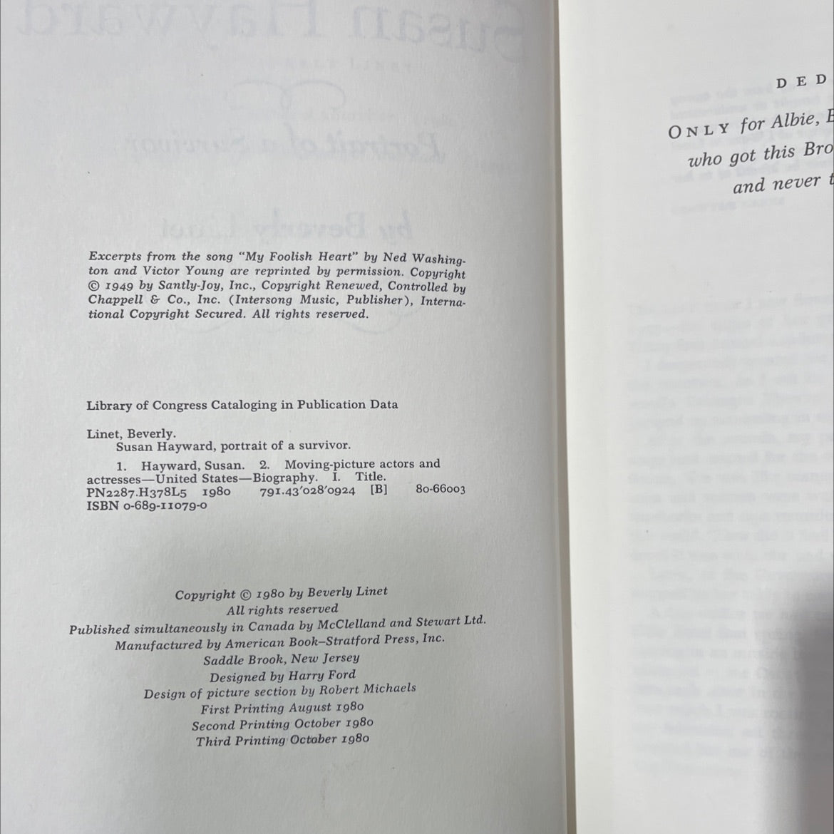 susan hayward, portrait of a survivor book, by beverly linet, 1980 Hardcover image 3