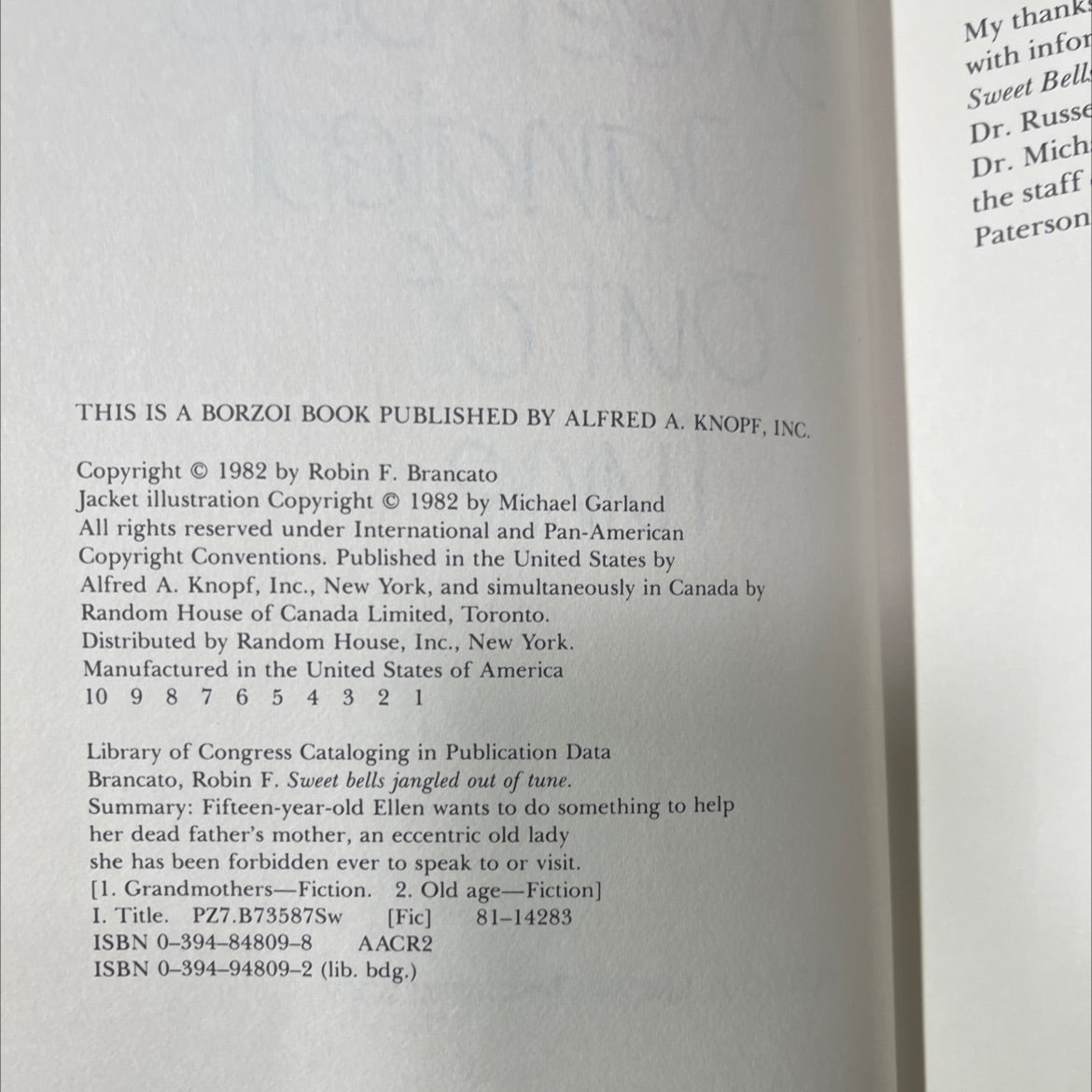 SIGNED sweet bells jangled out of tune book, by robin f. brancato, 1982 Hardcover, First Edition, Vintage image 3