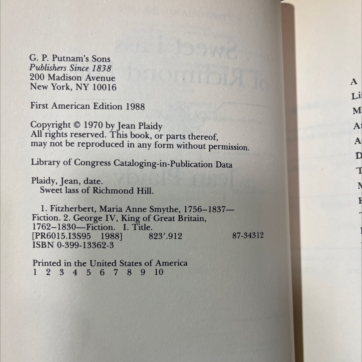 sweet lass of richmond hill book, by jean plaidy, 1988 Hardcover image 3