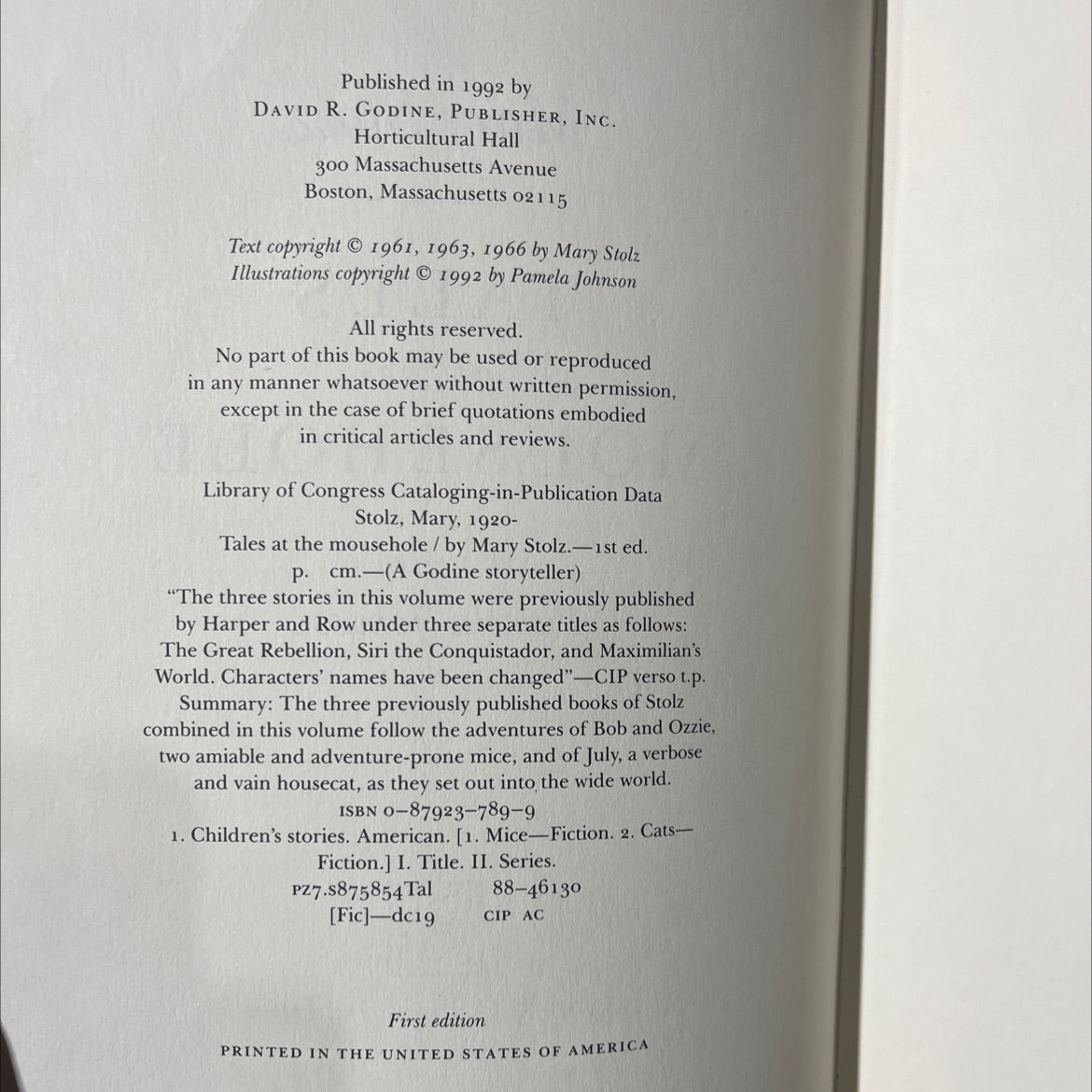 tales at the mousehole book, by Mary Stolz, 1992 Hardcover image 3