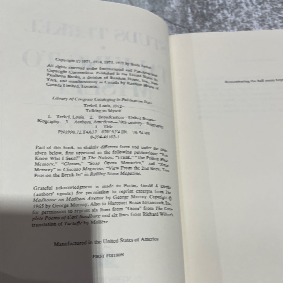 talking to myself book, by studs terkel, 1977 Hardcover image 3