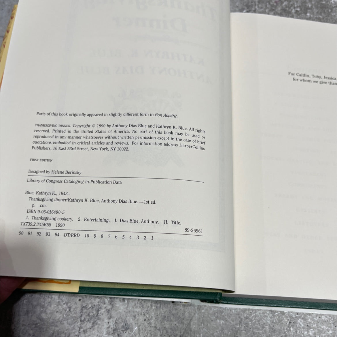 thanksgiving dinner book, by Kathryn K. Blue, Anthony Dias Blue, 1990 Hardcover image 3