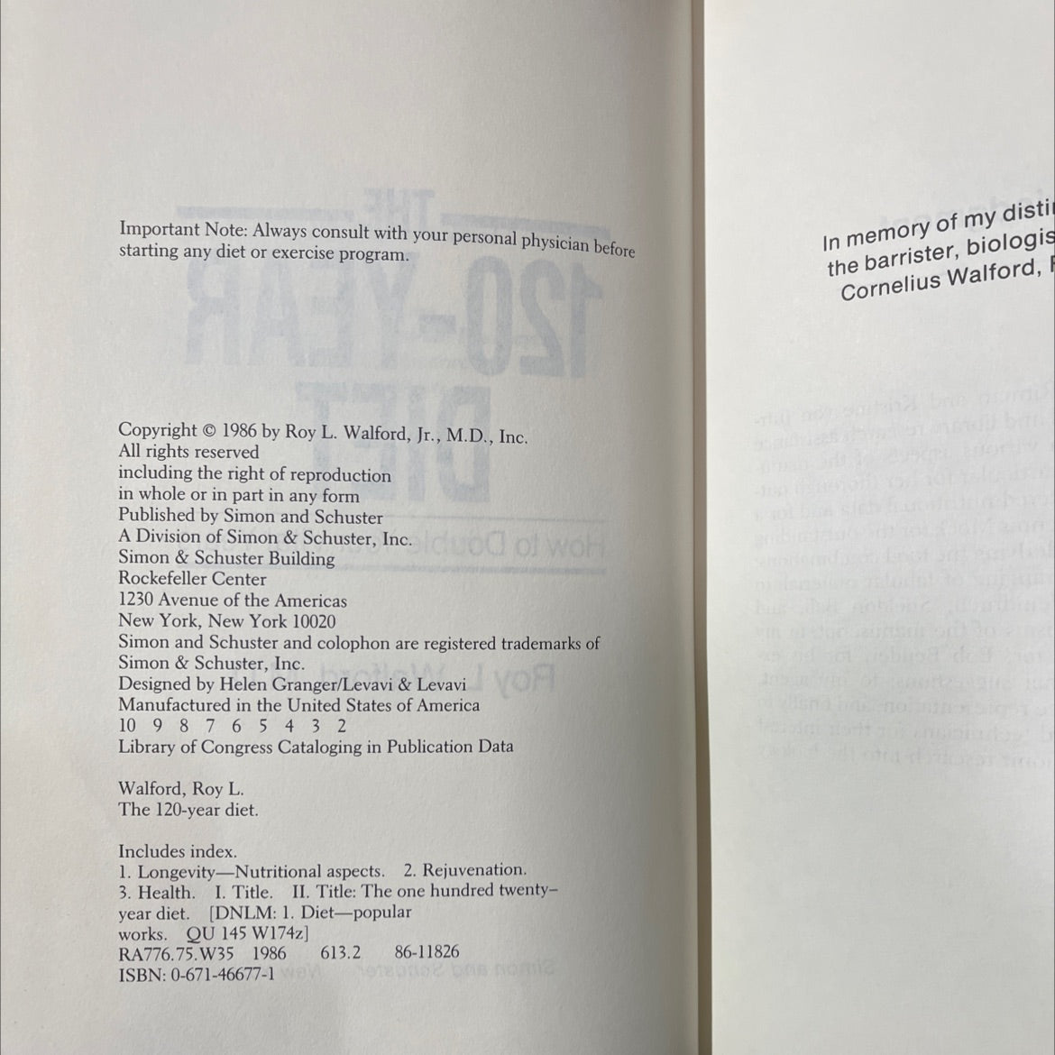 the 120-year diet book, by Roy L. Walford, M.D., 1986 Hardcover image 3