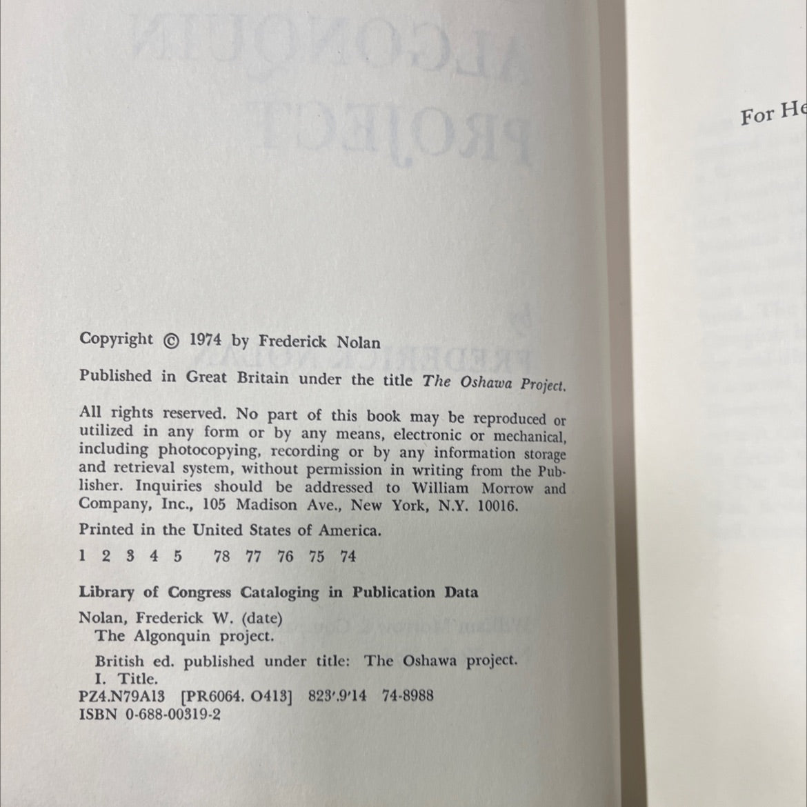 the algonquin project book, by frederick nolan, 1974 Hardcover image 3