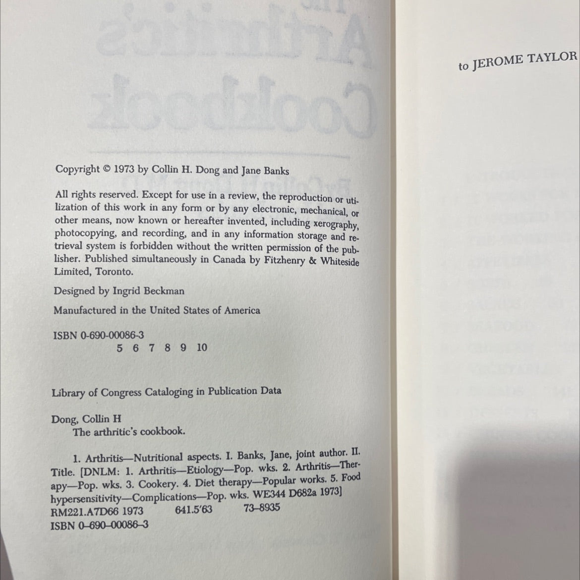 the arthritic's cookbook book, by Collin H. Dong, M.D. and Jane Banks, 1973 Hardcover image 3