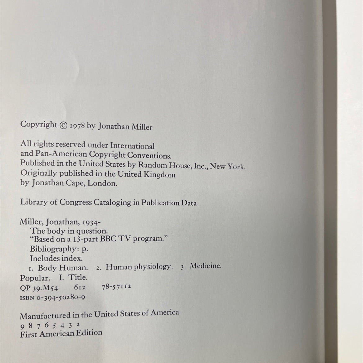 the body in question book, by Jonathan Miller, 1978 Hardcover image 3