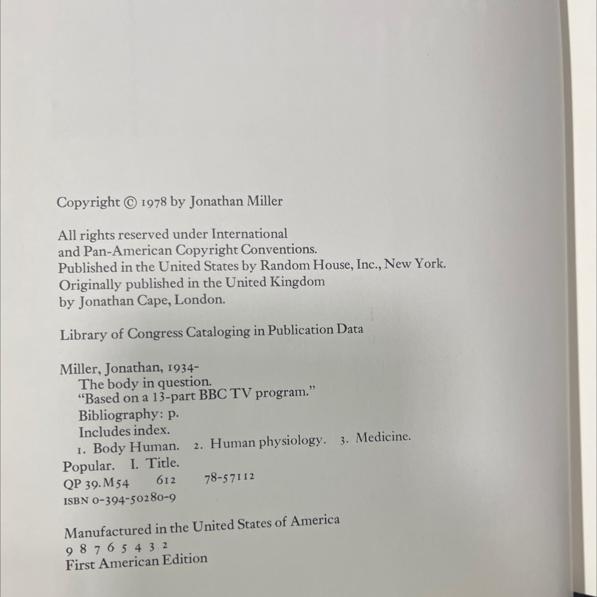 the body in question book, by Jonathan Miller, 1978 Hardcover image 3