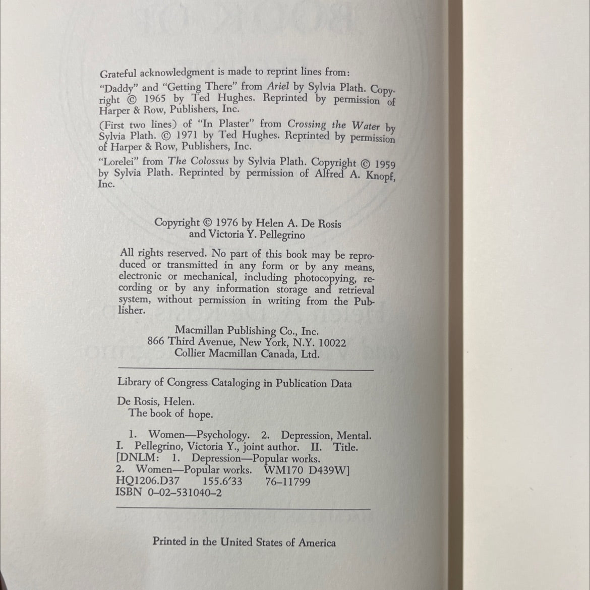 the book of hope how women can overcome depression book, by helen a. de rosis, m.d. and victoria y. pellegrino, 1976 image 3