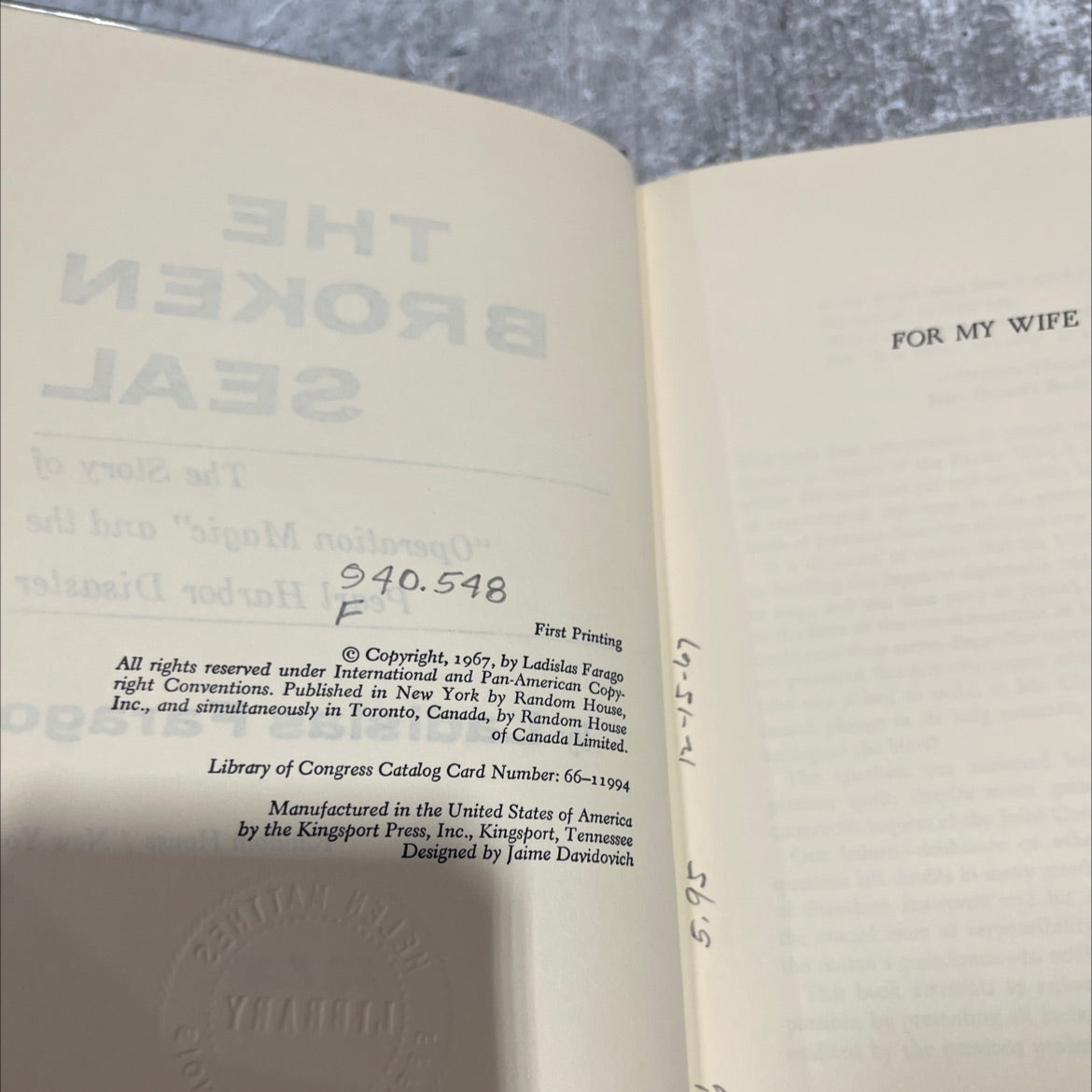 the broken seal the story of operation magic and the pearl harbor disaster book, by ladislas farago, 1967 Hardcover image 3