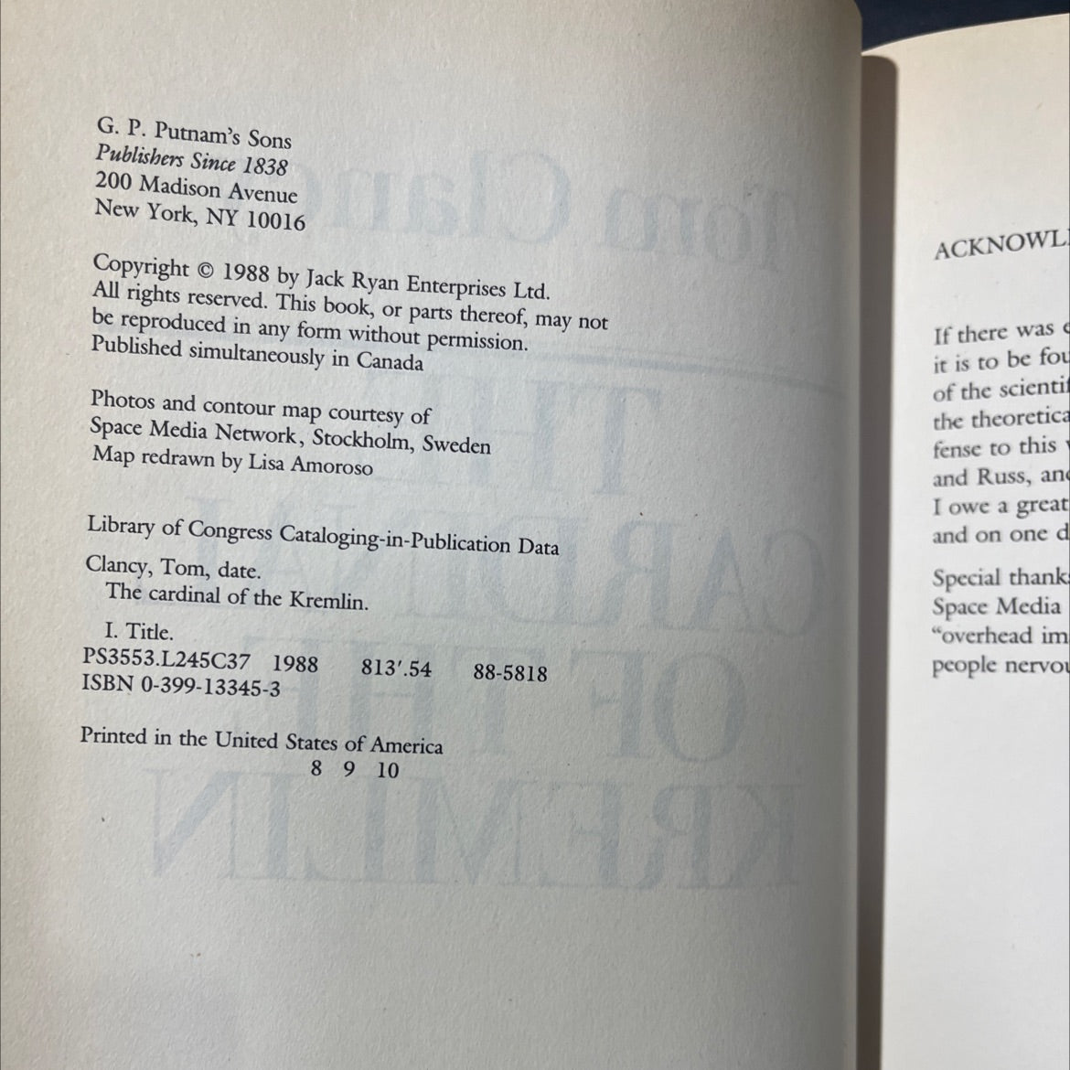 the cardinal of the kremlin book, by Tom Clancy, 1988 Hardcover image 3