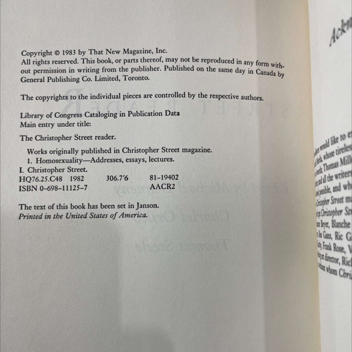 the christopher street reader book, by Michael Denneny, Charles Ortleb, Thomas Steele, 1983 Hardcover image 3