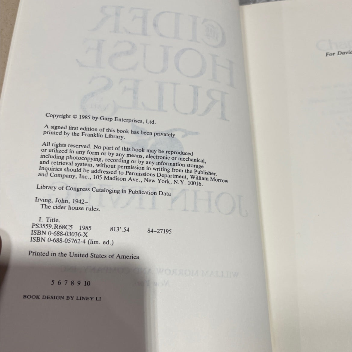 the cider house rules book, by john irving, 1985 Hardcover image 3