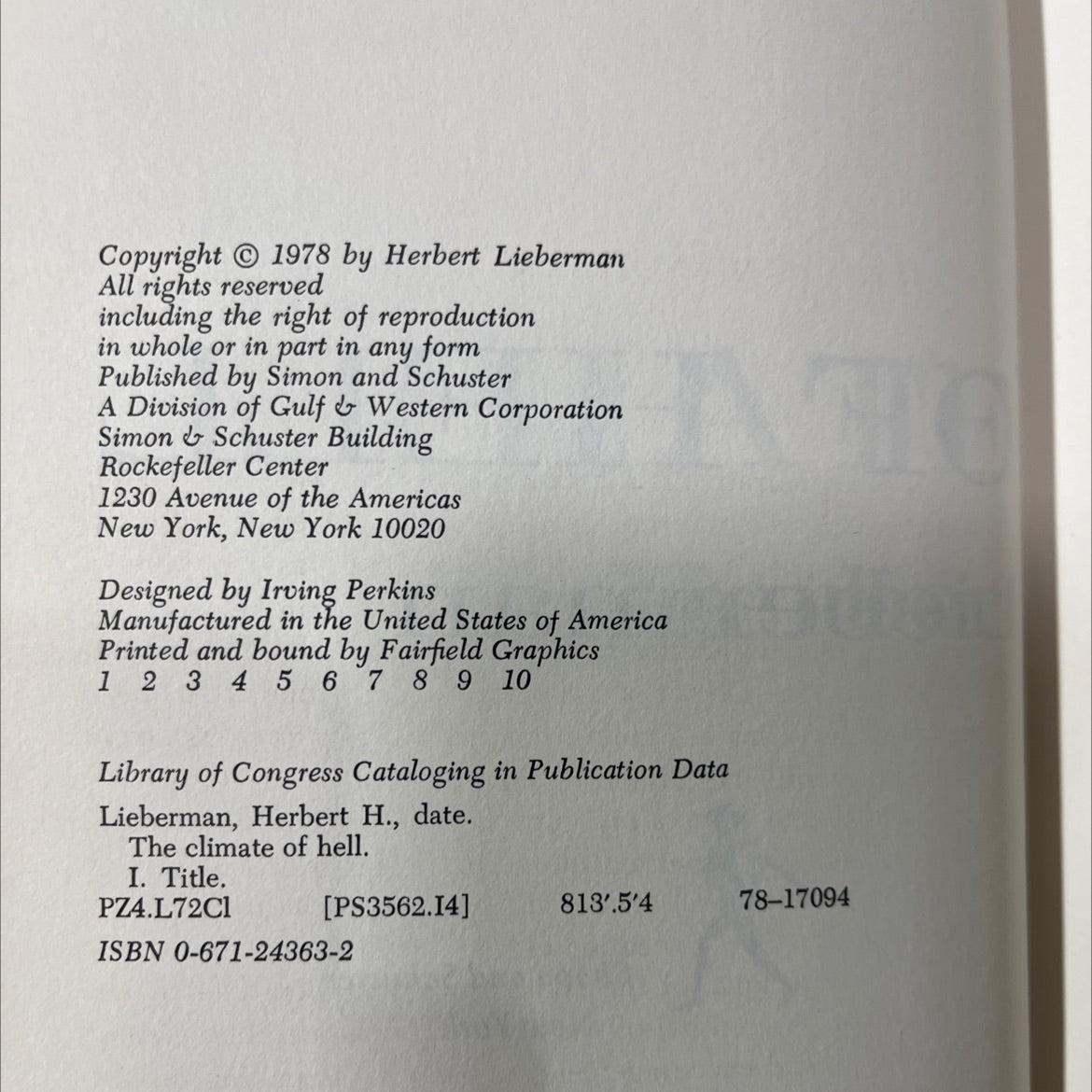 the climate of hell book, by Herbert Lieberman, 1978 Hardcover image 3