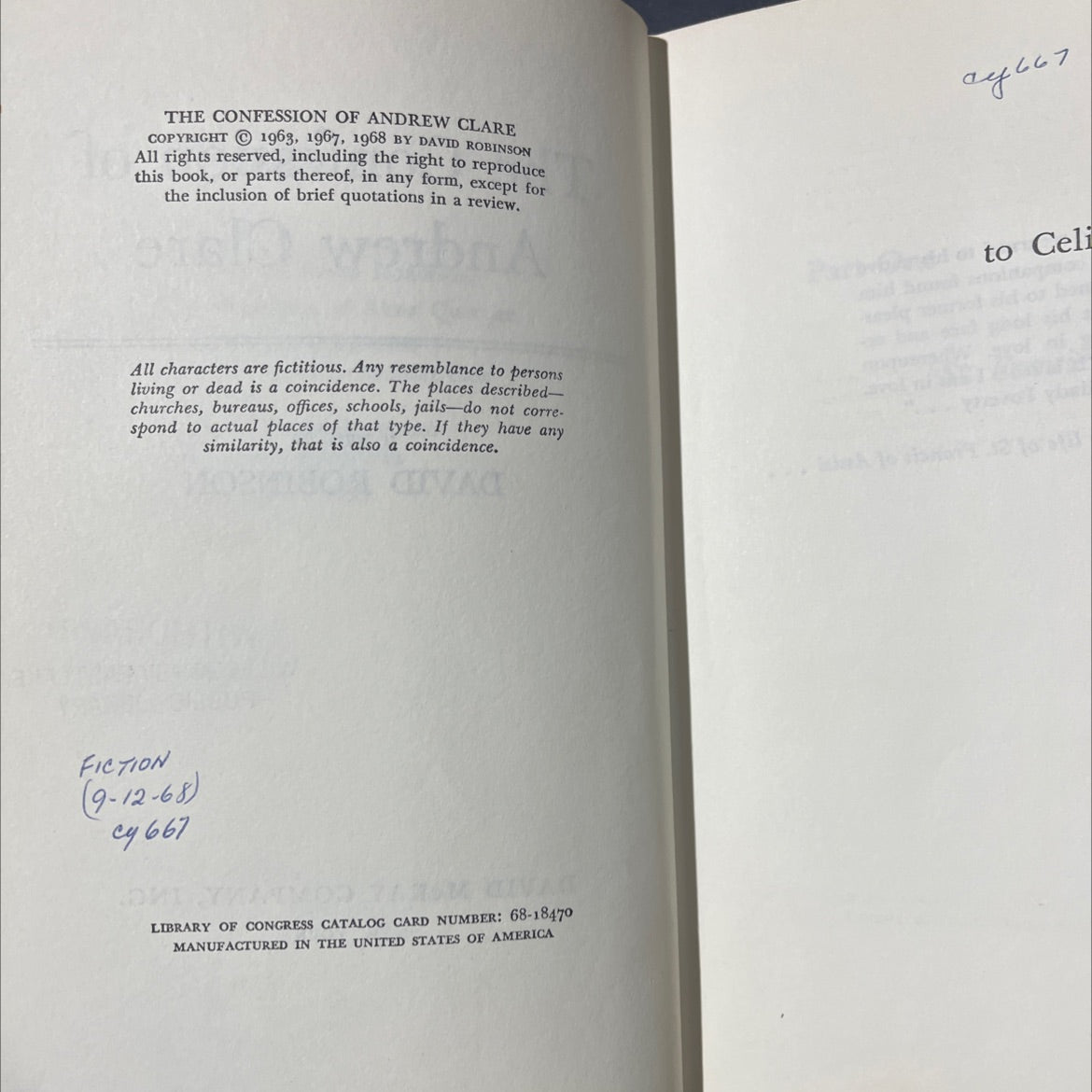 the confession of andrew clare book, by david robinson, 1968 Hardcover image 3