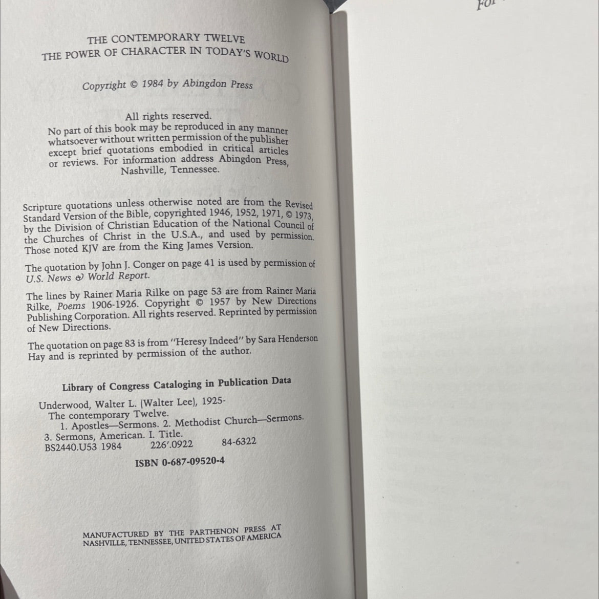 the contemporary twelve the power of character in today's world book, by walter l. underwood, 1984 Hardcover image 3