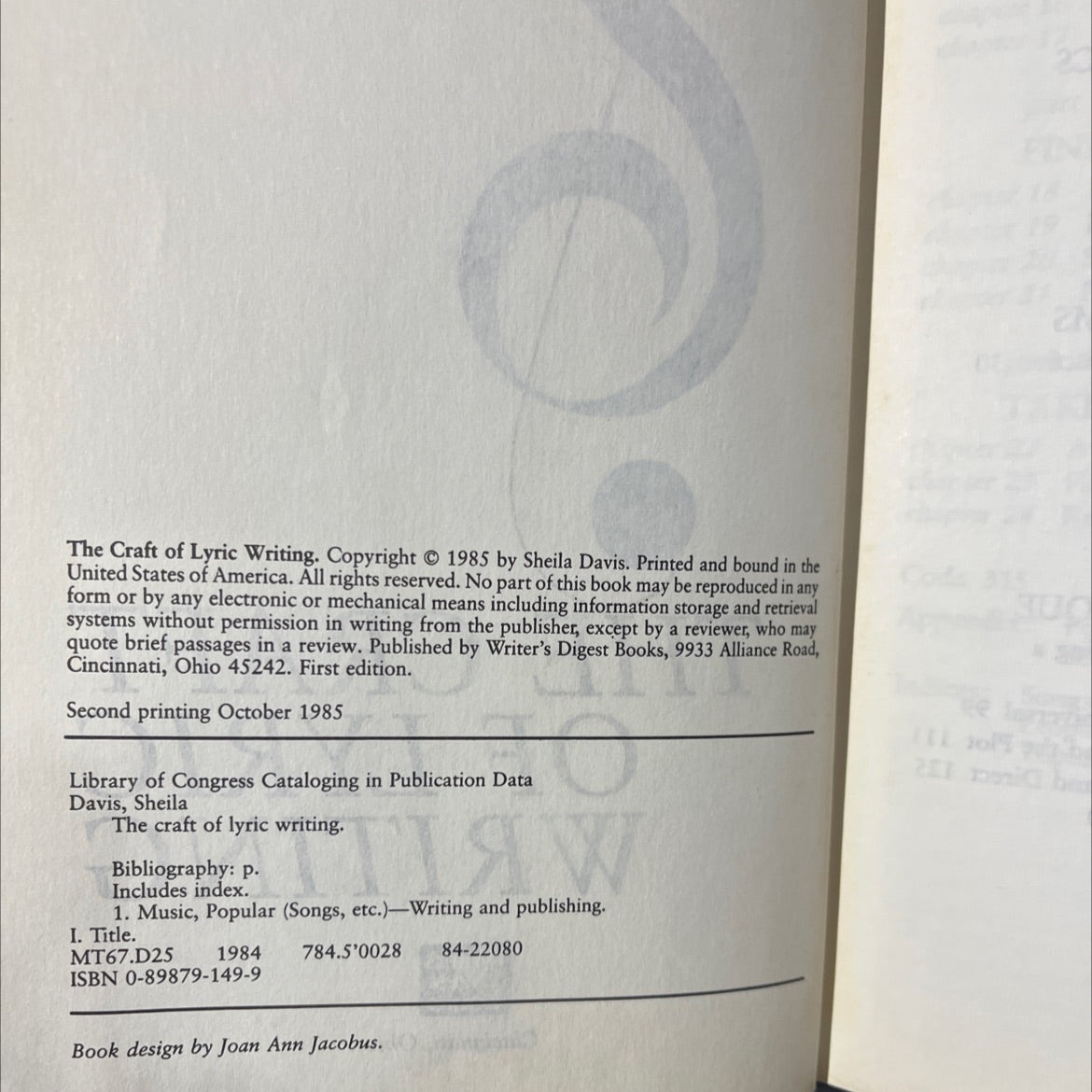 the craft of lyric writing book, by Sheila Davis, 1985 Hardcover image 3