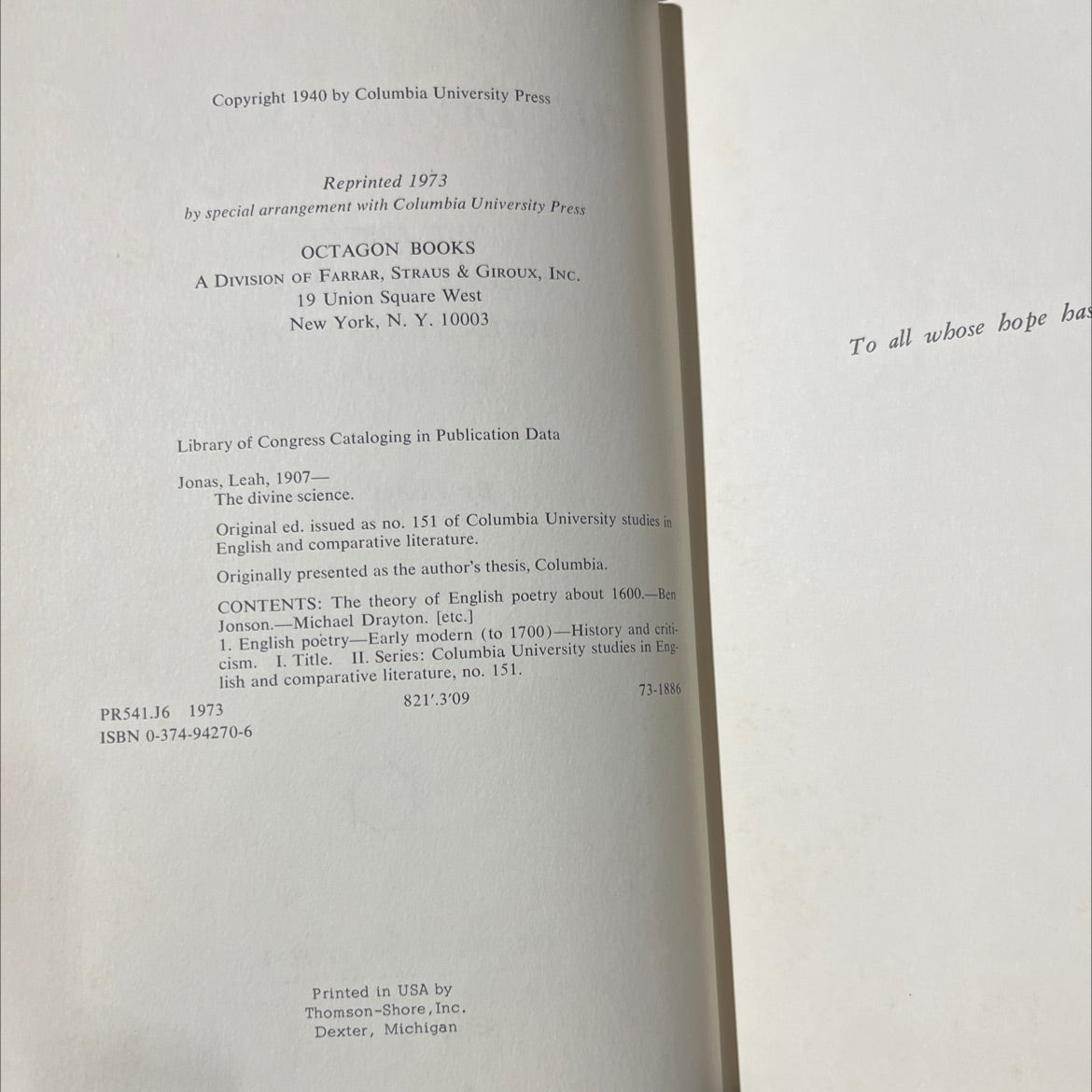 the divine science the aesthetic of some representative seventeenth-century english poets book, by leah jonas, 1973 image 3
