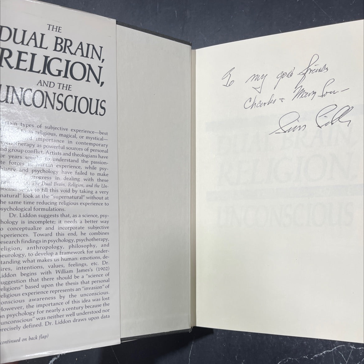 SIGNED the dual brain, religion, and the unconscious book, by Sim C. Liddon, M.D., 1989 Hardcover image 4