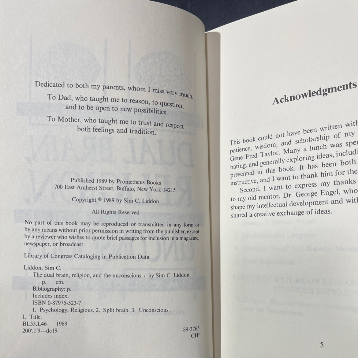 SIGNED the dual brain, religion, and the unconscious book, by Sim C. Liddon, M.D., 1989 Hardcover image 3