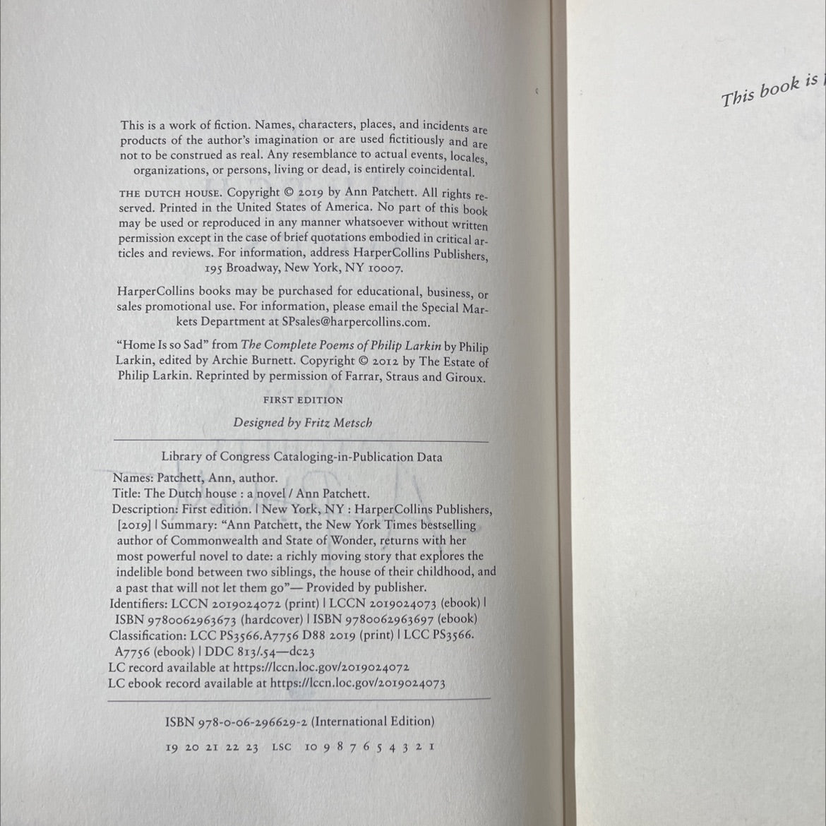SIGNED the dutch house book, by ann patchett, 2019 Hardcover, First Edition image 3