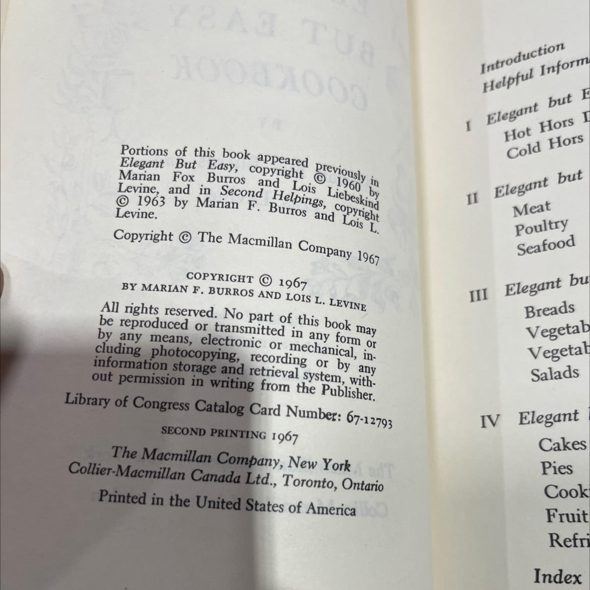 the elegant but easy cookbook book, by Marian F. Burros and Lois L. Levine, 1967 Hardcover image 3